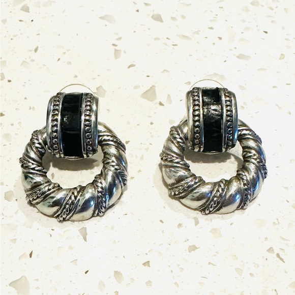 Brighton Door Knocker Pierced Earring Black Leather Accent STATEMENT 1.5" - Picture 2 of 3